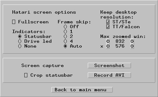 Hatari's GUI - the Hatari screen dialog