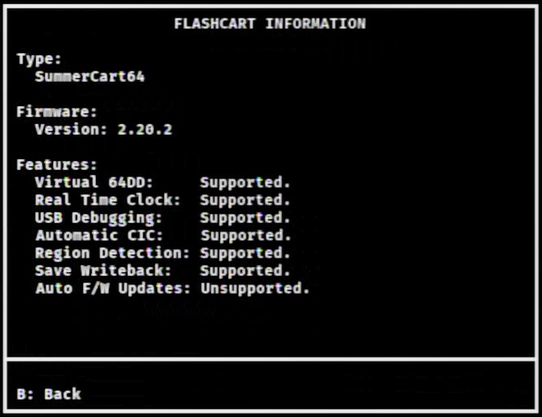 Screenshot of the Flashcart information screen