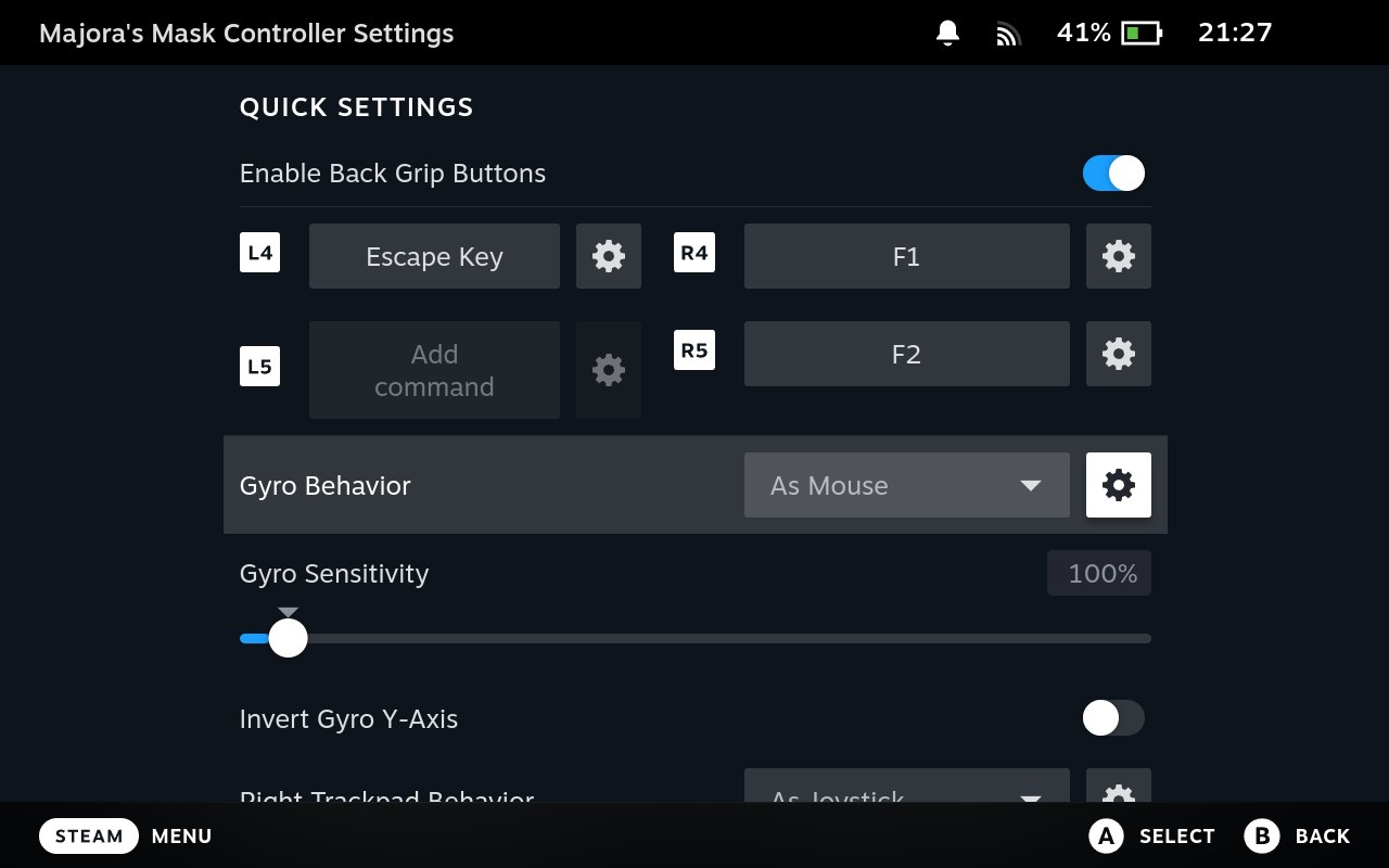 Controller Settings menu